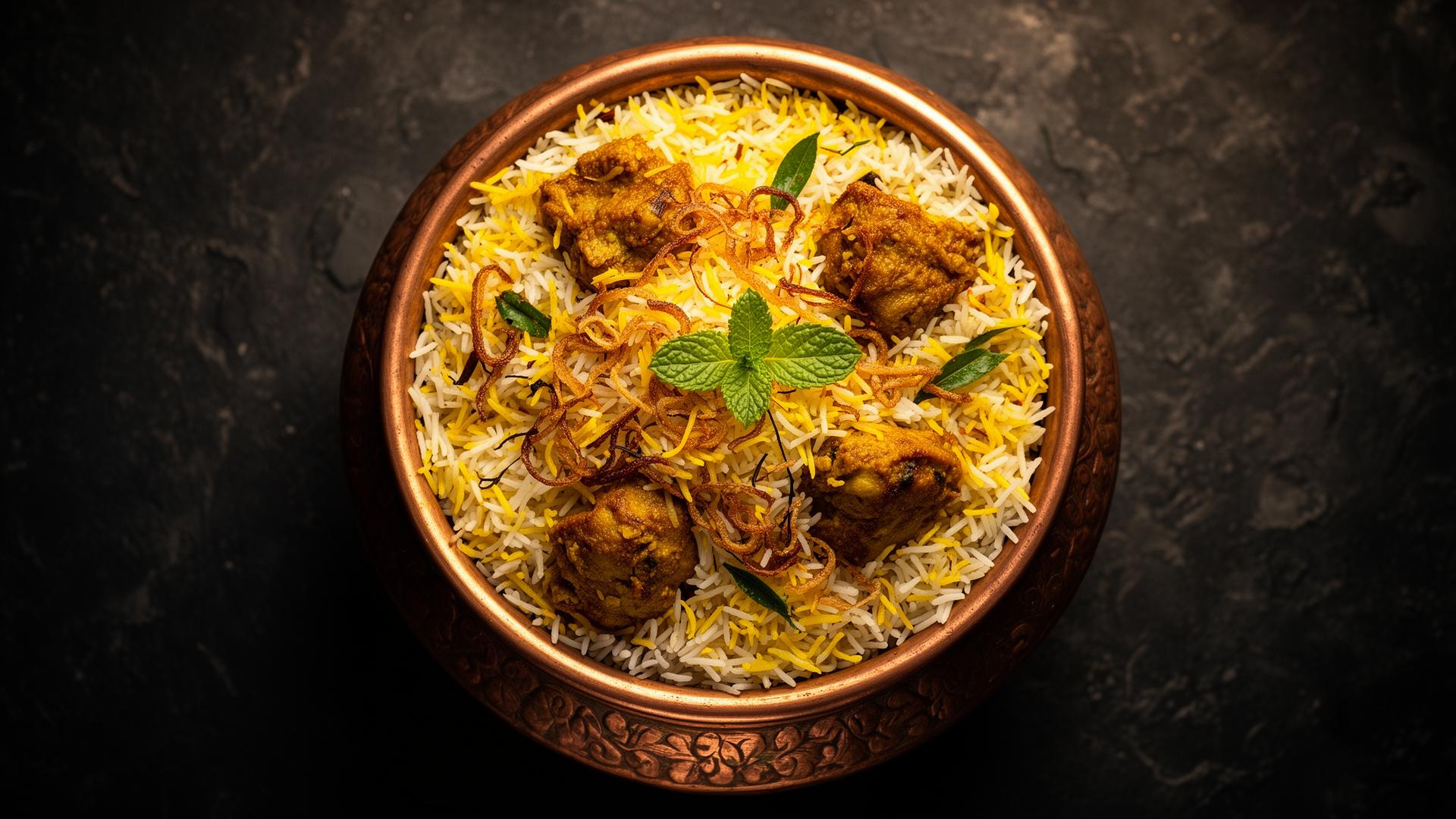 Authentic chicken biryani in copper handi